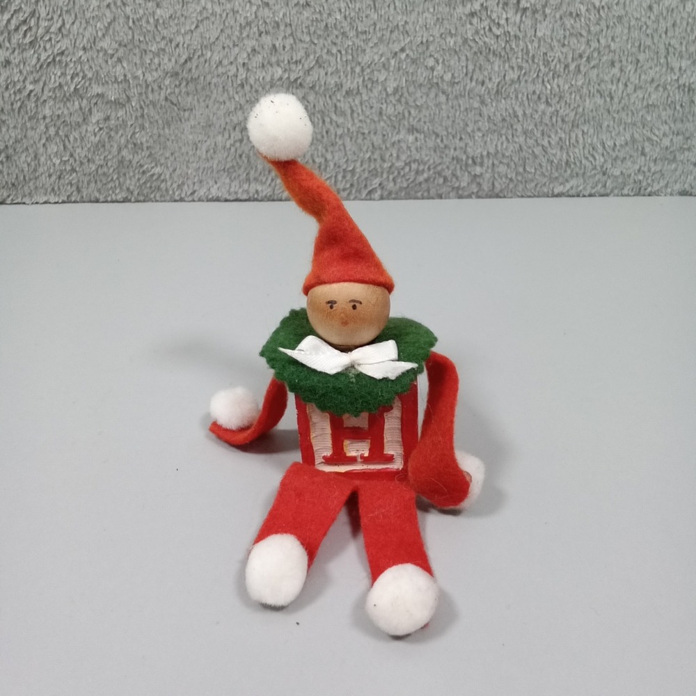 Vintage Style Christmas Elf Pixie Wooden Block Letter H Red Green Figurine 4.5"